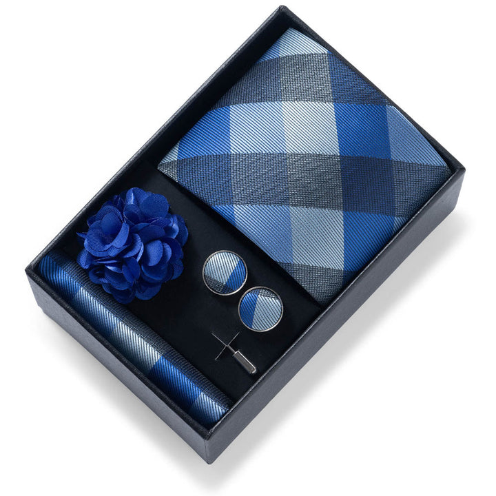 4Pcs Men's Stylish Patterned Fabric Necktie Pocket Square Cufflink And Lapel Flower Set - Style #46 - image 45
