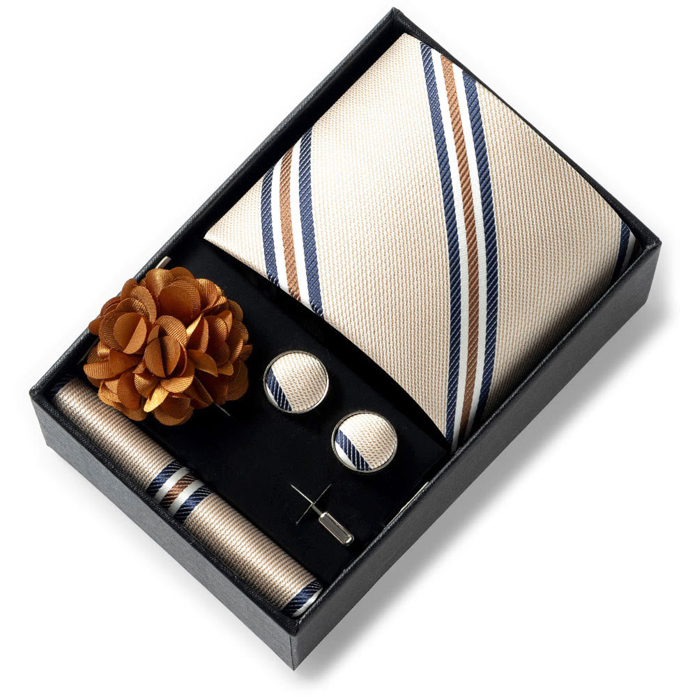 4Pcs Men's Stylish Patterned Fabric Necktie Pocket Square Cufflink And Lapel Flower Set - Style #15 - image 14