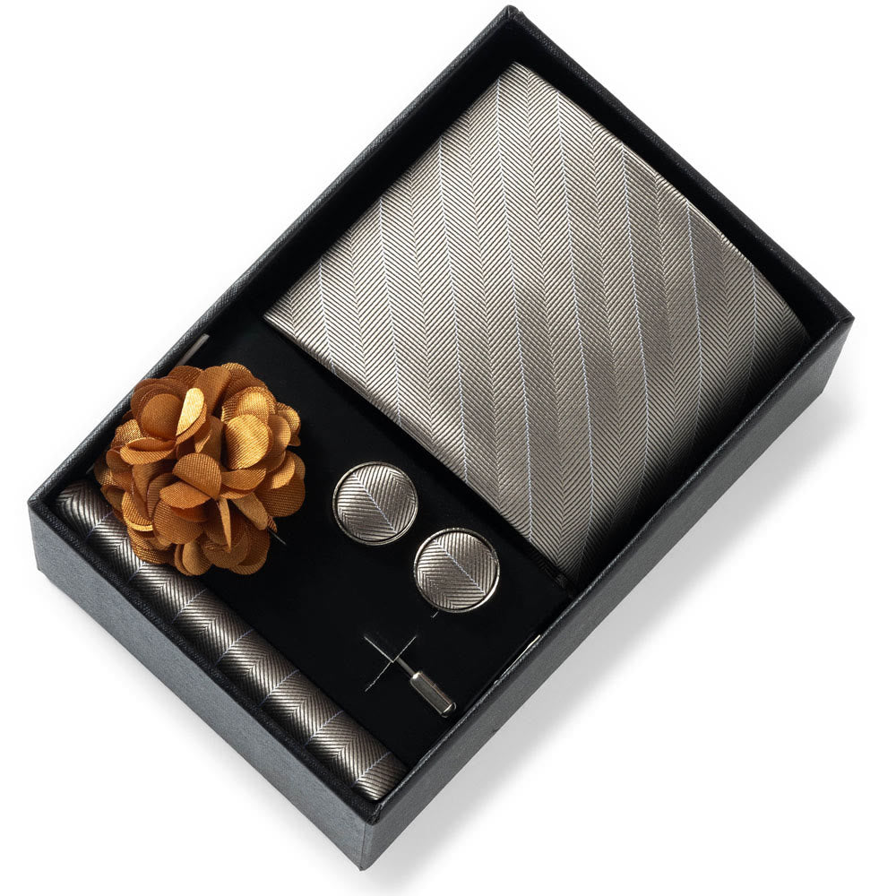 4Pcs Men's Stylish Patterned Fabric Necktie Pocket Square Cufflink And Lapel Flower Set - Style #24 - image 23