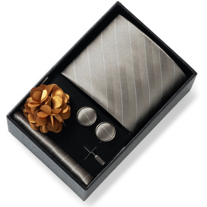 4Pcs Men's Stylish Patterned Fabric Necktie Pocket Square Cufflink And Lapel Flower Set - Style #24 - image 23