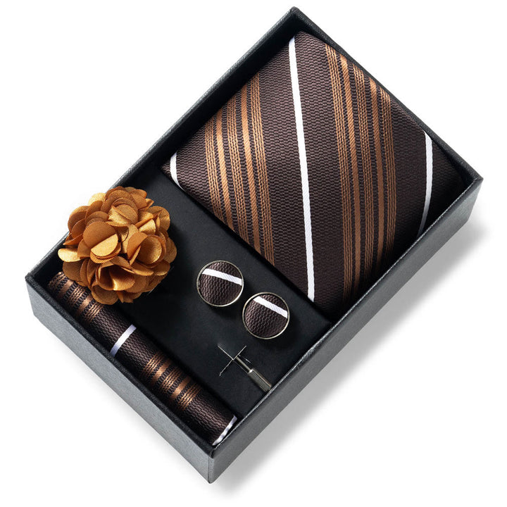 4Pcs Men's Stylish Patterned Fabric Necktie Pocket Square Cufflink And Lapel Flower Set - Style #4 - image 3