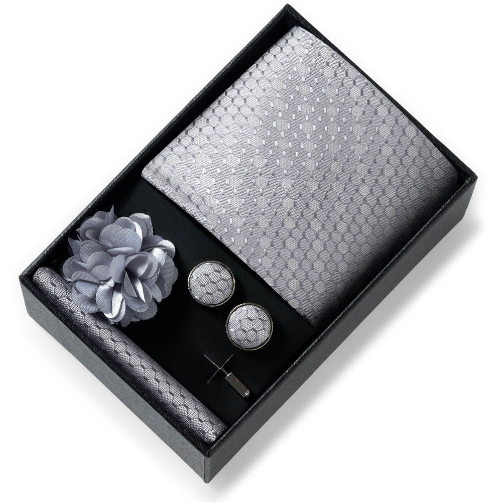 4Pcs Men's Stylish Patterned Fabric Necktie Pocket Square Cufflink And Lapel Flower Set - Style #52 - image 51