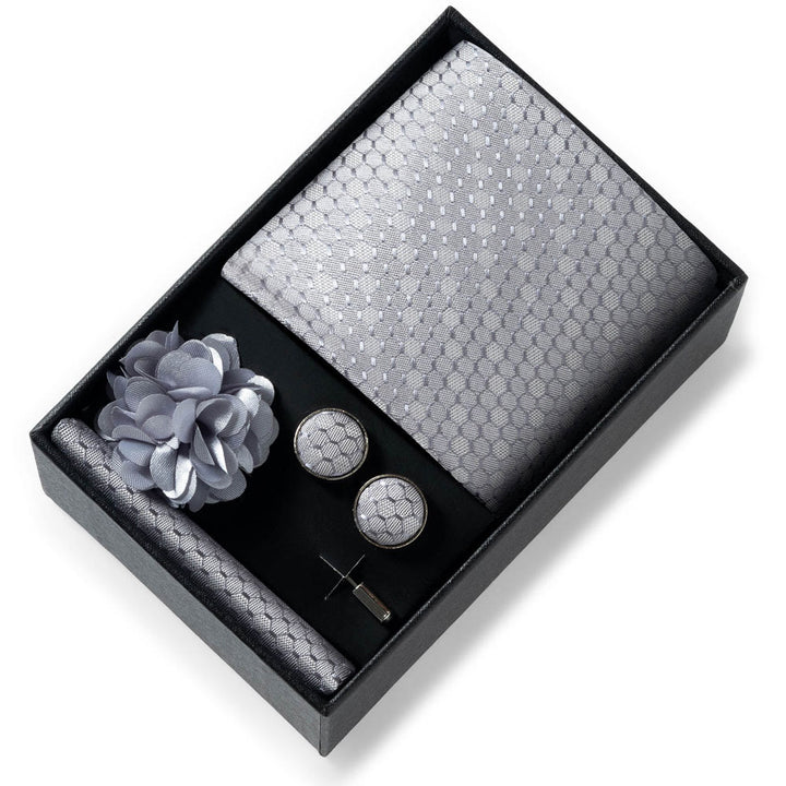 4Pcs Men's Stylish Patterned Fabric Necktie Pocket Square Cufflink And Lapel Flower Set - Style #52 - image 51