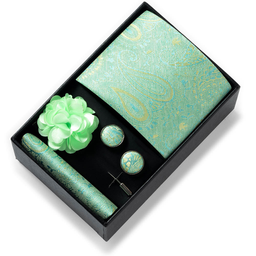 4Pcs Men's Stylish Patterned Fabric Necktie Pocket Square Cufflink And Lapel Flower Set - Style #48 - image 47