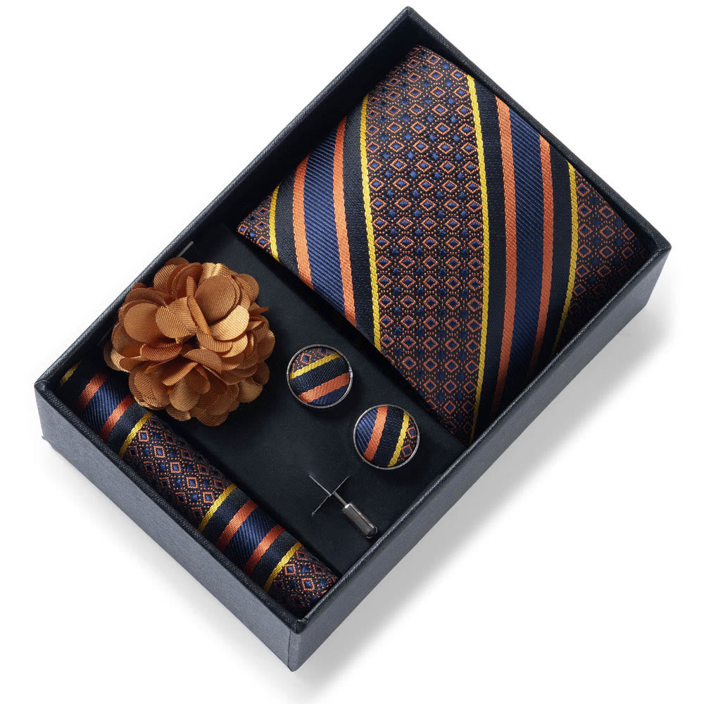 4Pcs Men's Stylish Patterned Fabric Necktie Pocket Square Cufflink And Lapel Flower Set - Style #56 - image 55