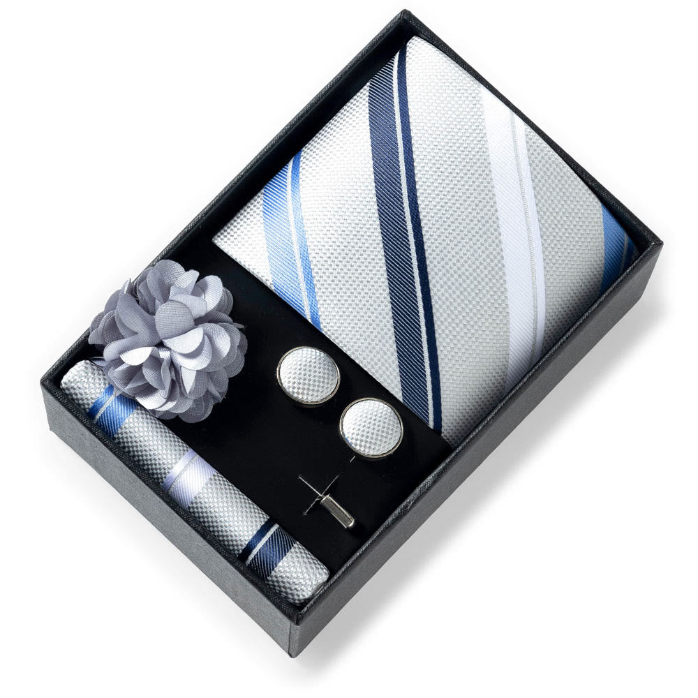 4Pcs Men's Stylish Patterned Fabric Necktie Pocket Square Cufflink And Lapel Flower Set - Style #33 - image 32