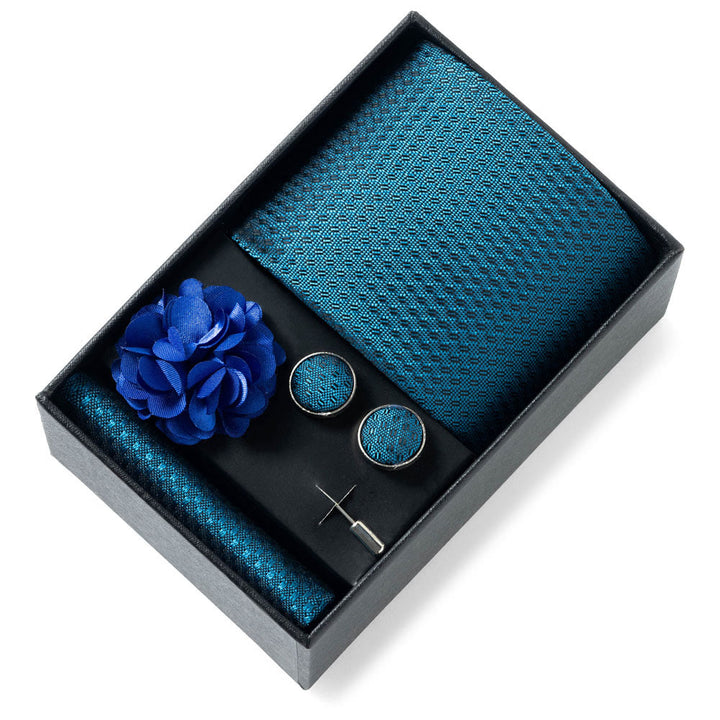 4Pcs Men's Stylish Patterned Fabric Necktie Pocket Square Cufflink And Lapel Flower Set - Style #19 - image 18