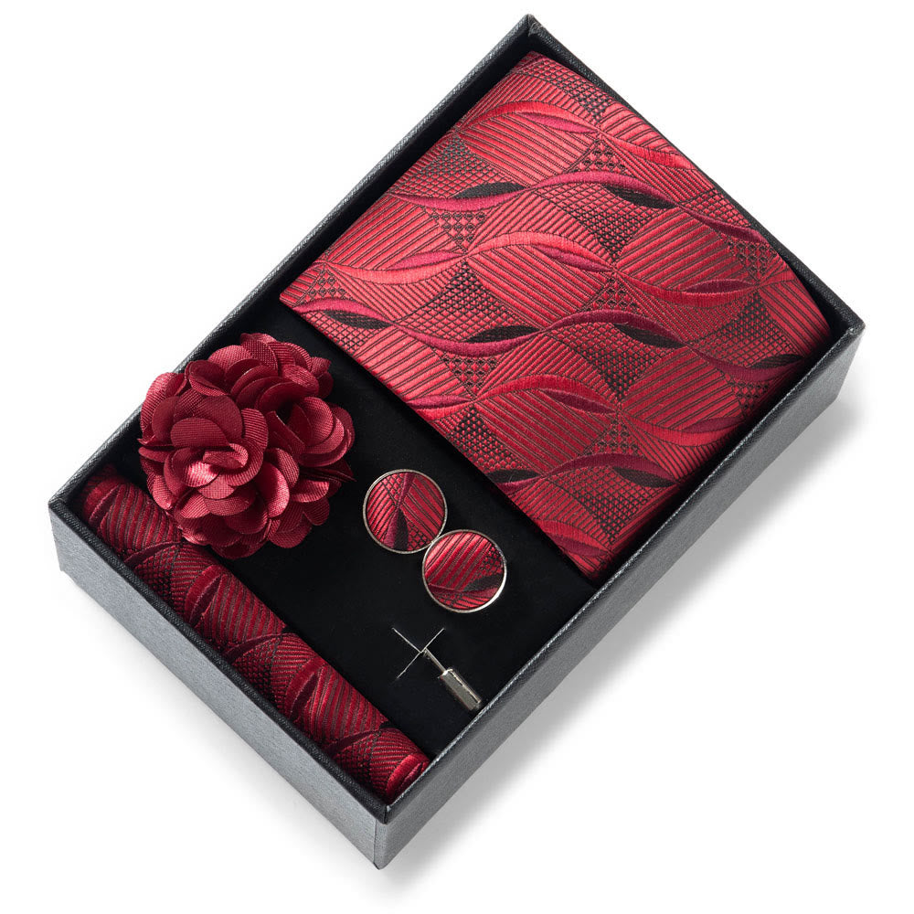 4Pcs Men's Stylish Patterned Fabric Necktie Pocket Square Cufflink And Lapel Flower Set - Style #44 - image 43