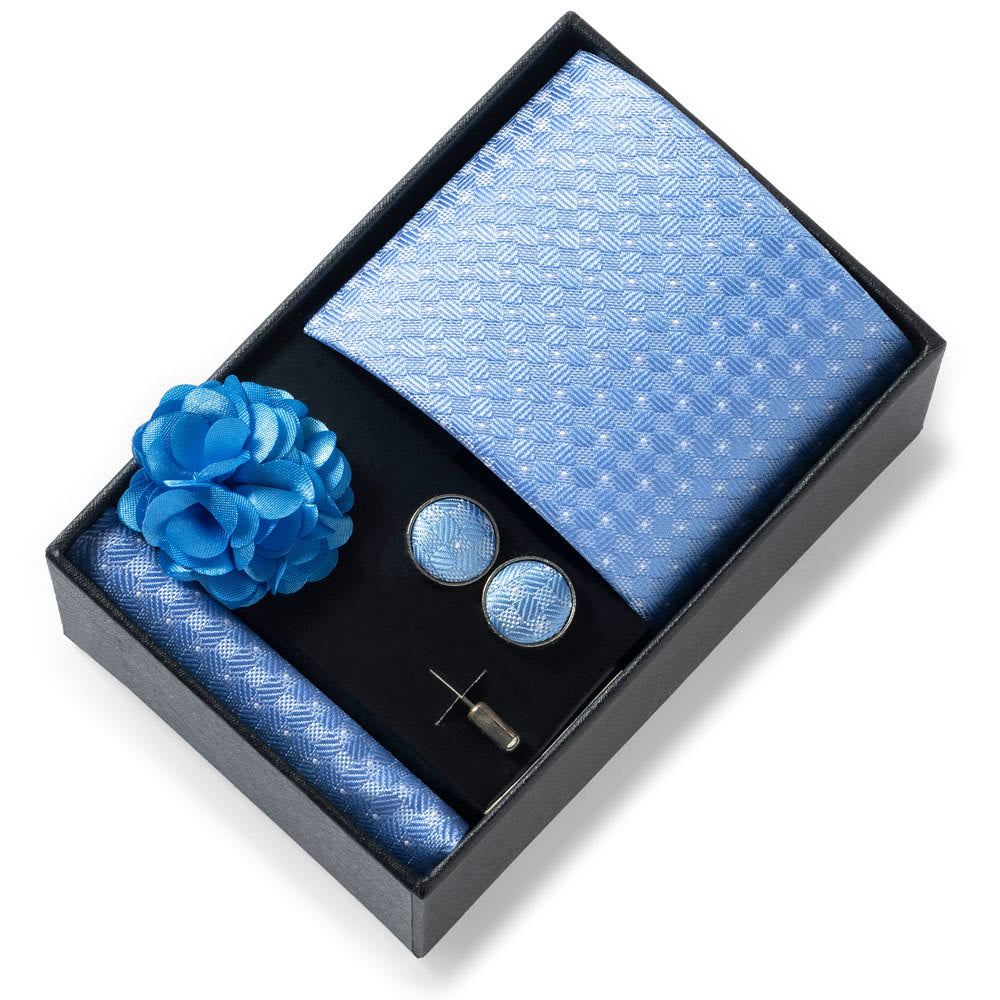 4Pcs Men's Stylish Patterned Fabric Necktie Pocket Square Cufflink And Lapel Flower Set - Style #28 - image 27