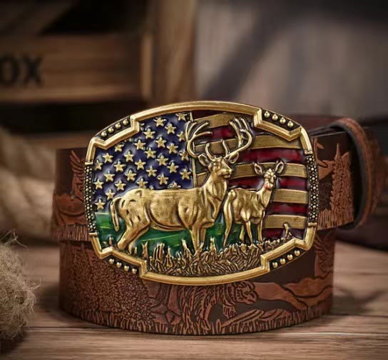 Men's Brass Colored National Flag Deer Buckle Leather Belt - Deer - 38 - image 0