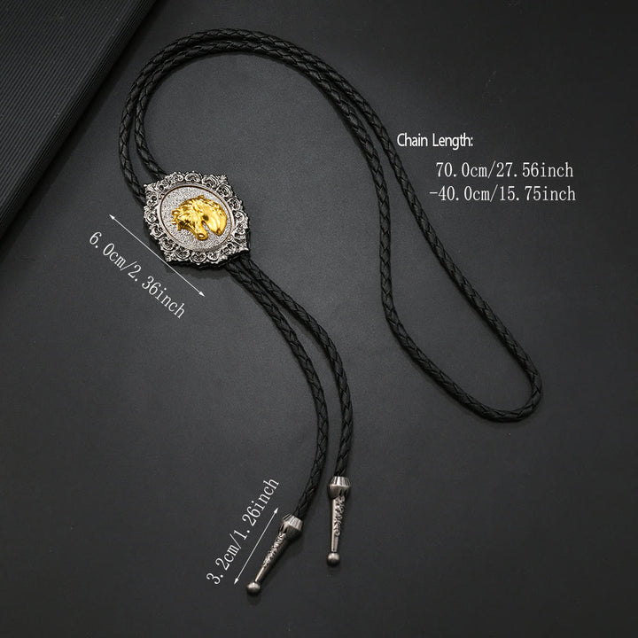 Horse And Bull Head Emblem Vintage Carved Metal Bolo Tie - image 4
