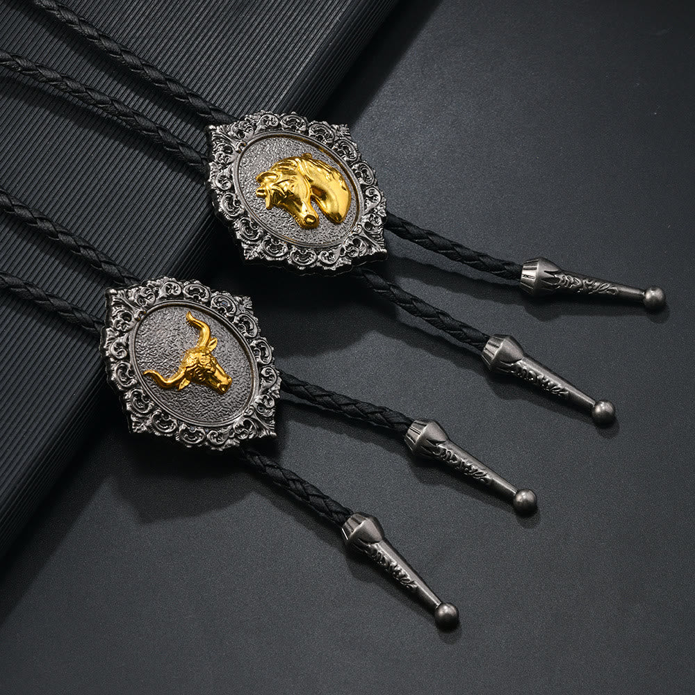 Horse And Bull Head Emblem Vintage Carved Metal Bolo Tie - image 0