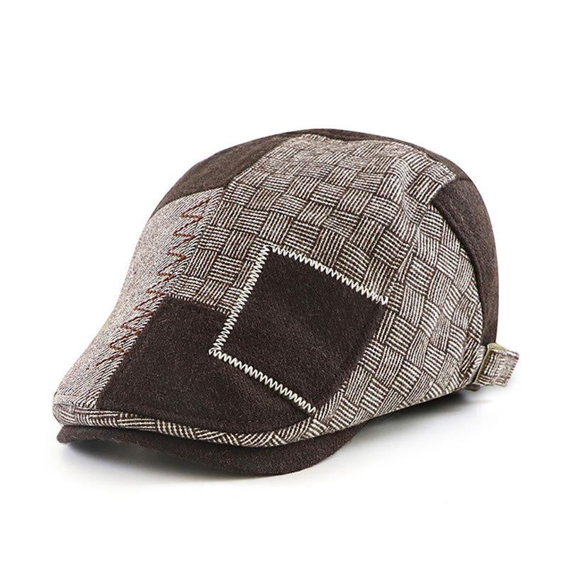 Textured Woven Patchwork Stitched Newsboy Beret Hat - Coffee - Adjustable (22 1/2"-23 1/4") - image 0