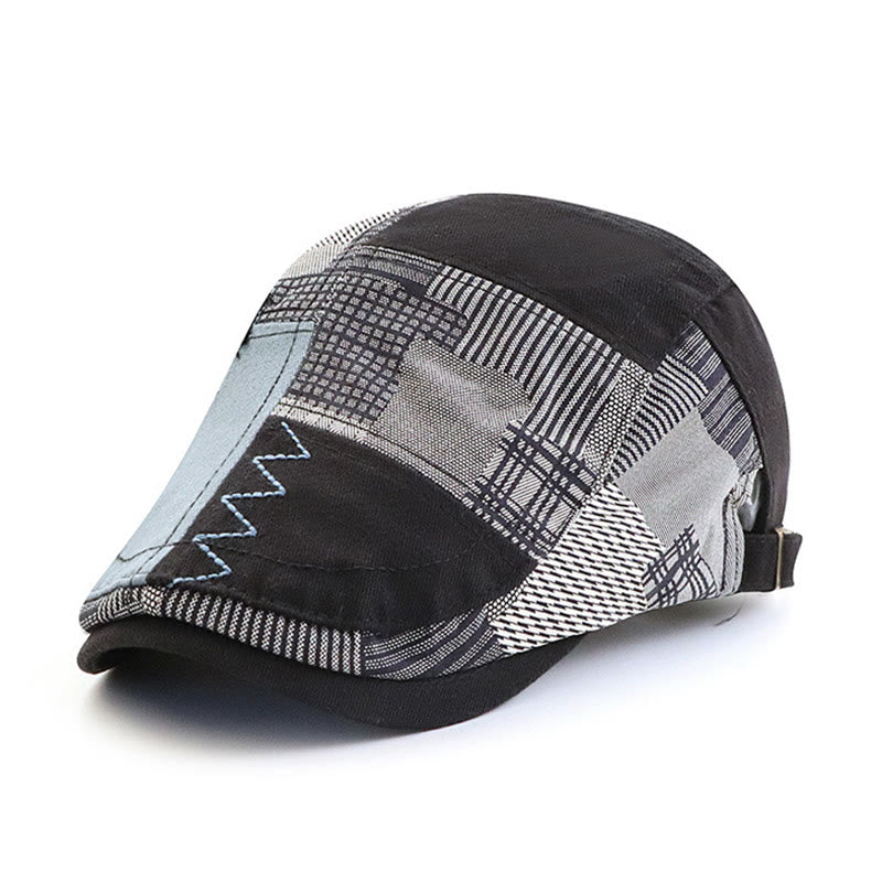 Artisanal Patchwork Multi-Texture Zigzag-Stitched Newsboy Beret Hat - Black - Adjustable (22"-23 5/8") - image 1