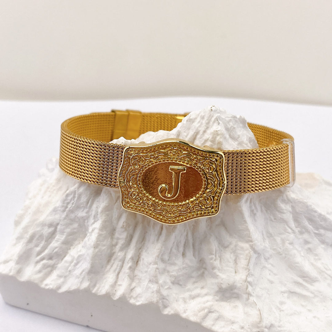 Glamorous Gold Tone Engraved Initial Letter Bracelet - J - image 9