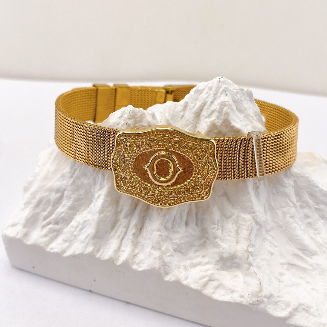 Glamorous Gold Tone Engraved Initial Letter Bracelet - O - image 14