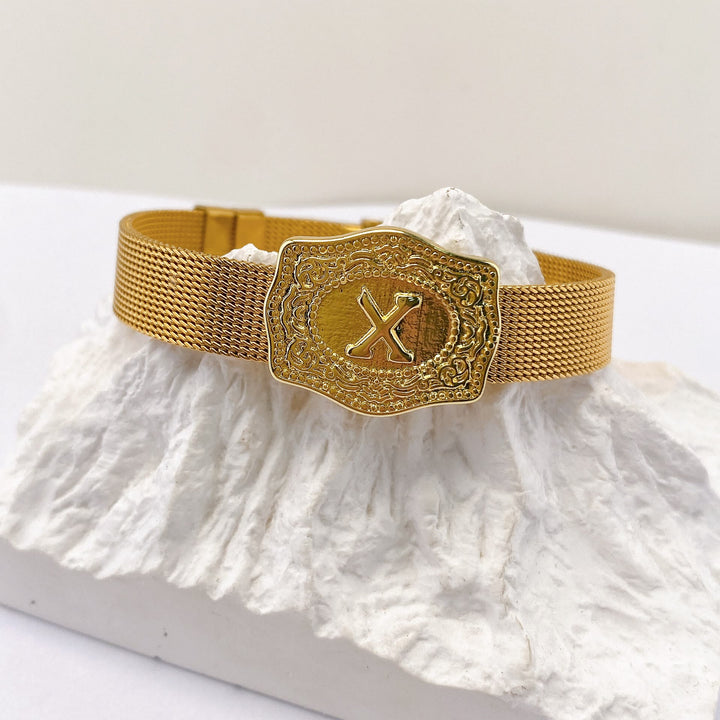 Glamorous Gold Tone Engraved Initial Letter Bracelet - X - image 23