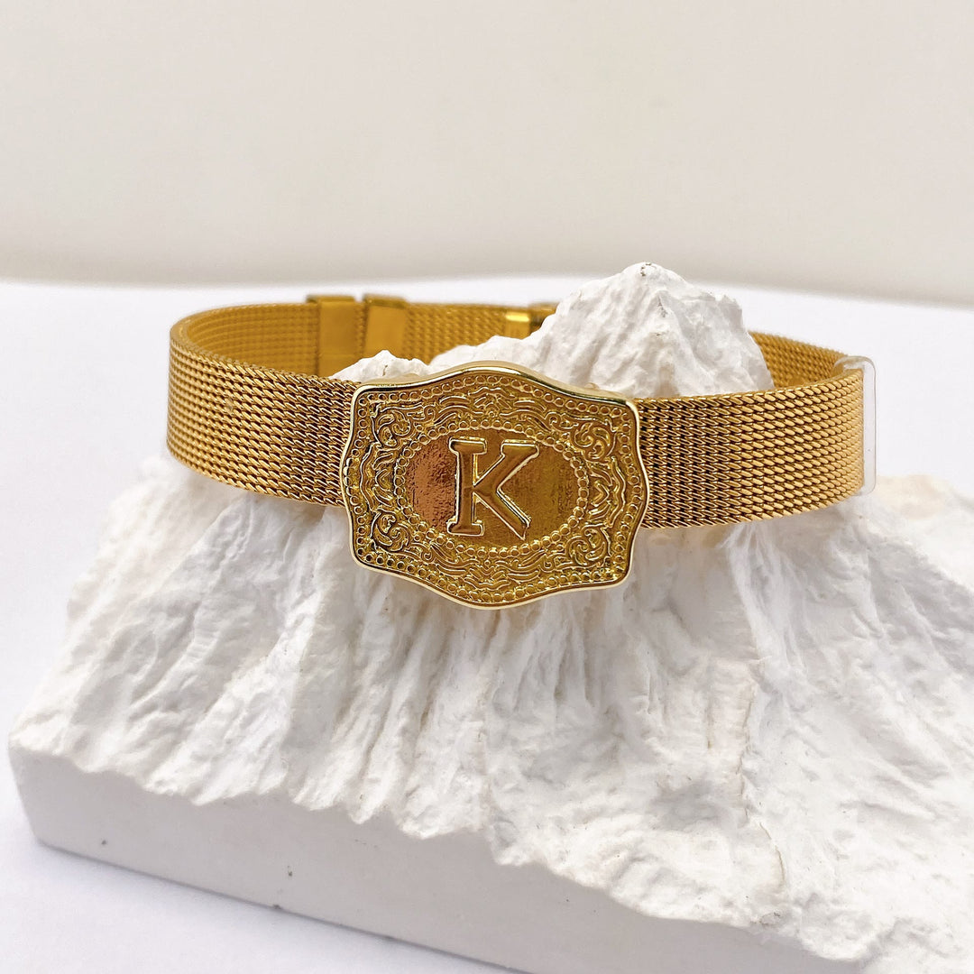 Glamorous Gold Tone Engraved Initial Letter Bracelet - K - image 10