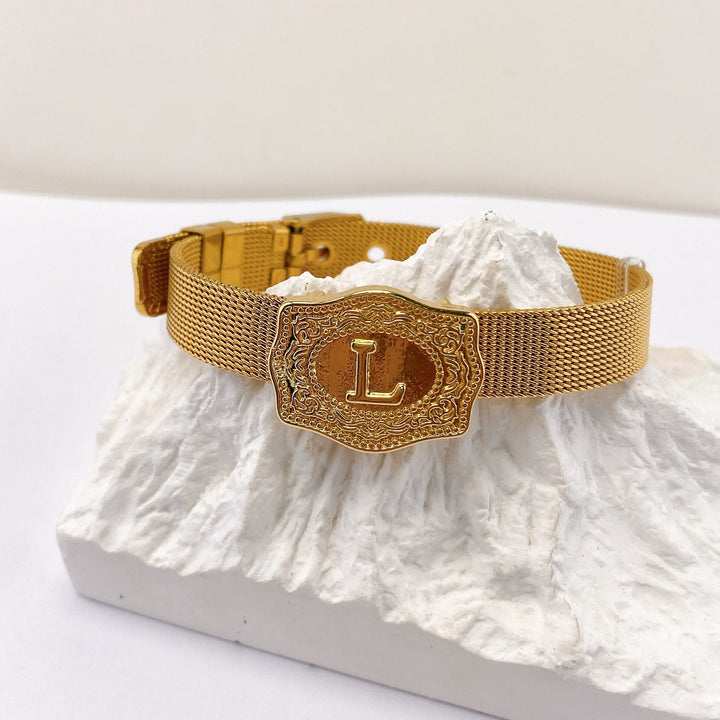 Glamorous Gold Tone Engraved Initial Letter Bracelet - L - image 11