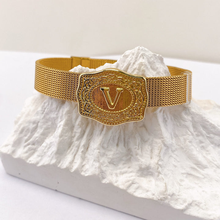 Glamorous Gold Tone Engraved Initial Letter Bracelet - V - image 21