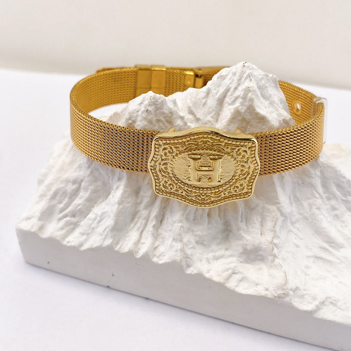 Glamorous Gold Tone Engraved Initial Letter Bracelet - H - image 7