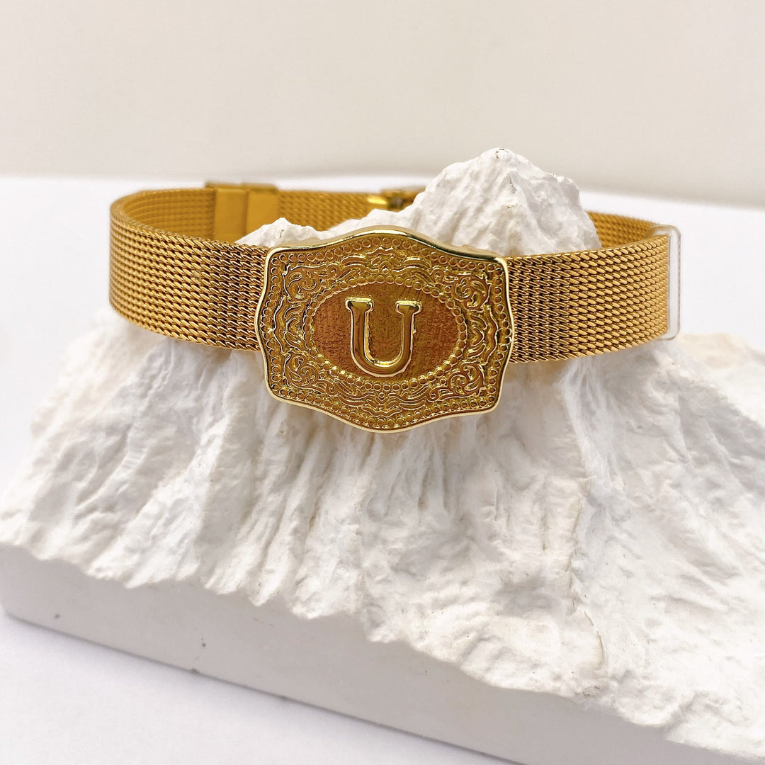 Glamorous Gold Tone Engraved Initial Letter Bracelet - U - image 20