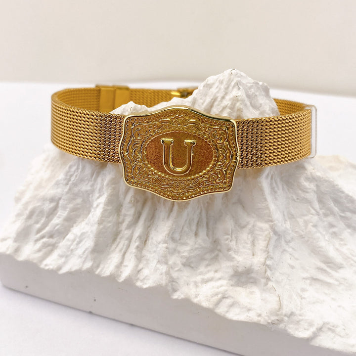 Glamorous Gold Tone Engraved Initial Letter Bracelet - U - image 20