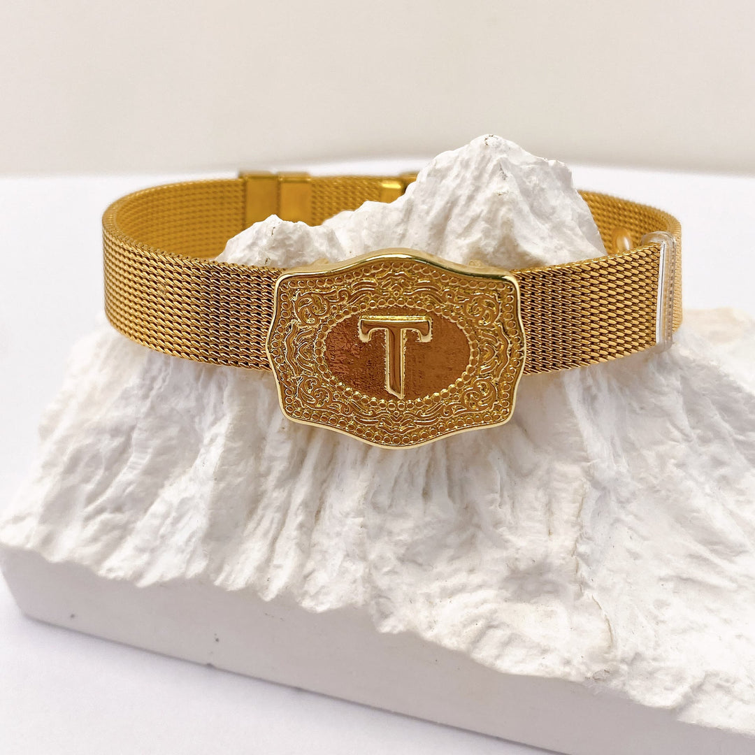 Glamorous Gold Tone Engraved Initial Letter Bracelet - T - image 19
