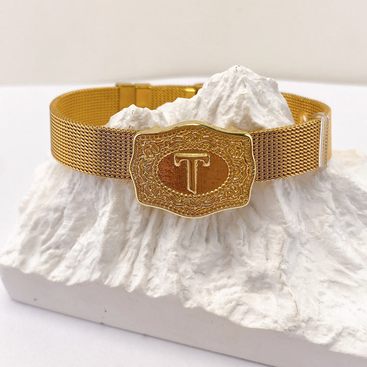 Glamorous Gold Tone Engraved Initial Letter Bracelet - T - image 19