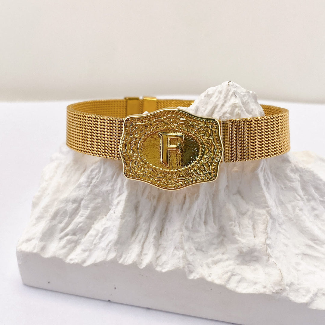 Glamorous Gold Tone Engraved Initial Letter Bracelet - F - image 5