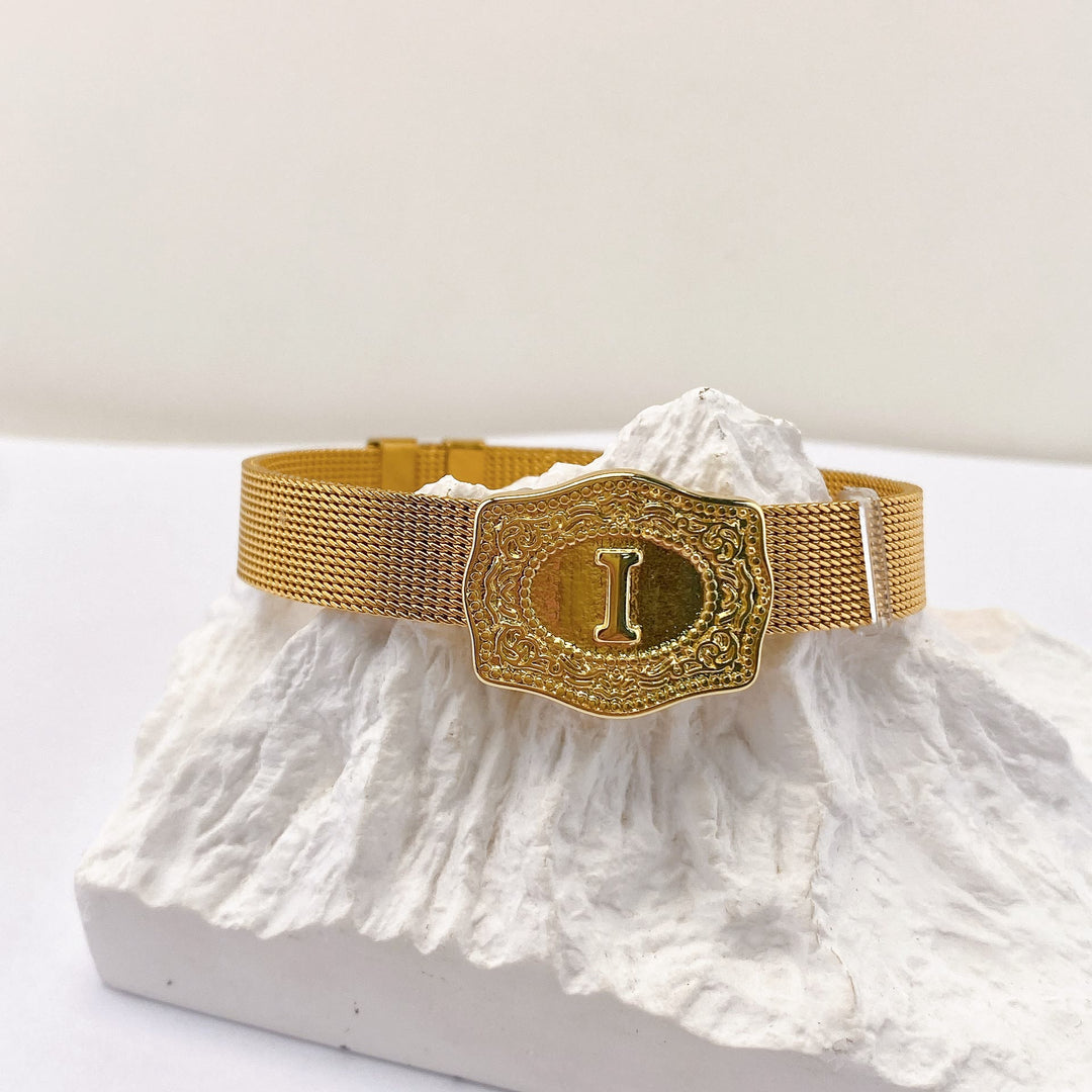 Glamorous Gold Tone Engraved Initial Letter Bracelet - I - image 8