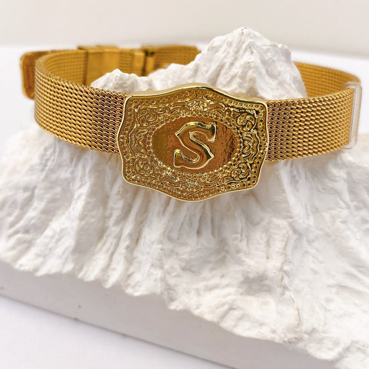 Glamorous Gold Tone Engraved Initial Letter Bracelet - S - image 18