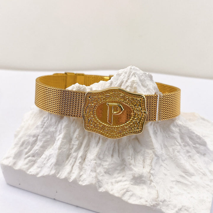 Glamorous Gold Tone Engraved Initial Letter Bracelet - P - image 15
