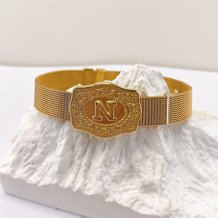 Glamorous Gold Tone Engraved Initial Letter Bracelet - N - image 13