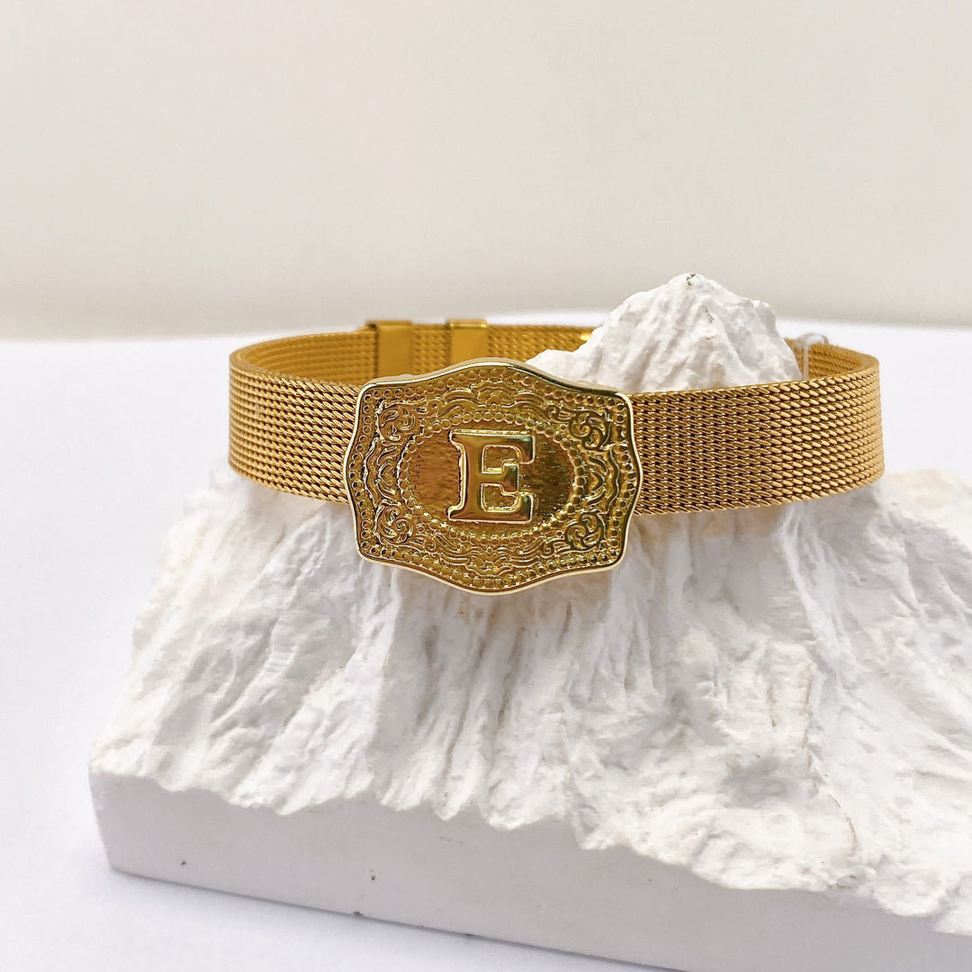 Glamorous Gold Tone Engraved Initial Letter Bracelet - E - image 4