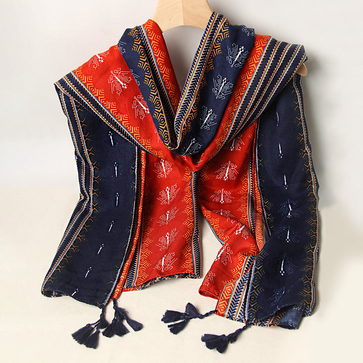 Women's Ethnic Patterned Dual-Tone Tassel-Adorned Scarf - image 0