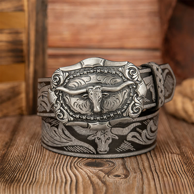 Men's Retro Bull Head Carved Buckle Leather Belt - Grey - 38 - image 3