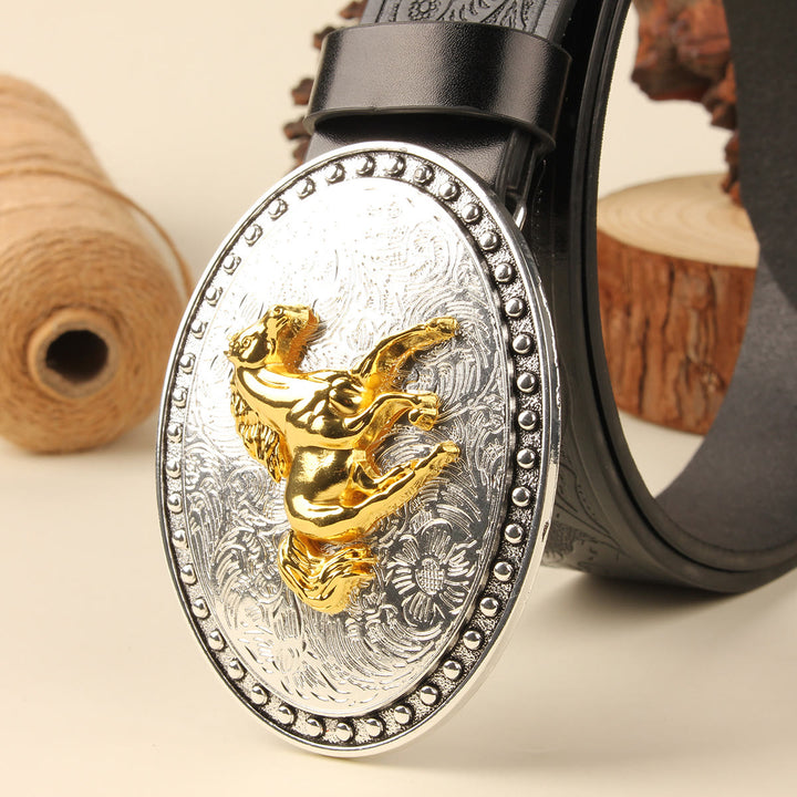 Men's Golden Horse Silver Oval Buckle Embossed Leather Belt - image 1
