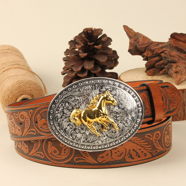 Men's Golden Horse Silver Oval Buckle Embossed Leather Belt - Golden Horse+Brown Belt - 38 - image 4