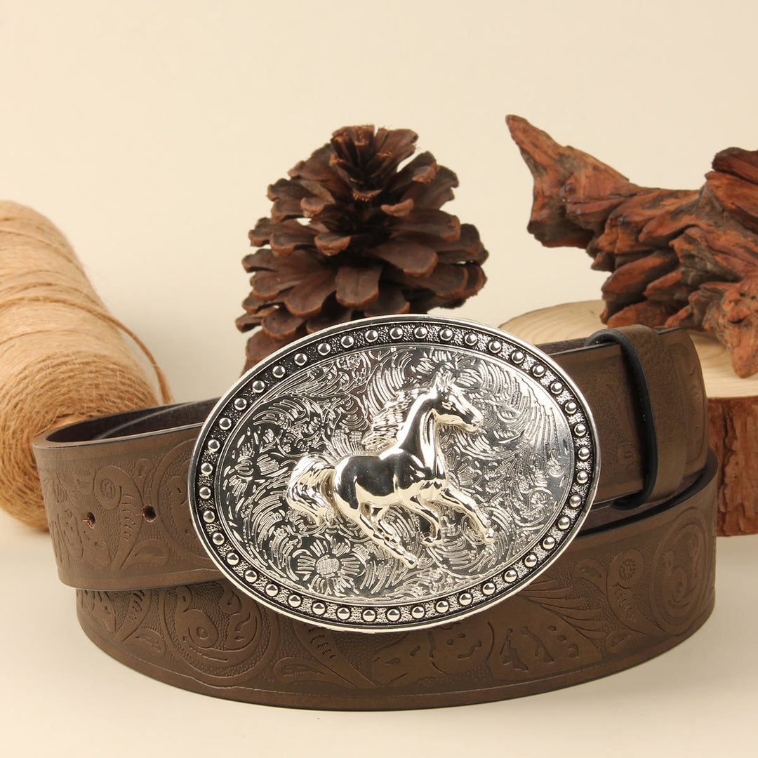 Men's Golden Horse Silver Oval Buckle Embossed Leather Belt - Silver Horse+Brown Belt - 38 - image 3