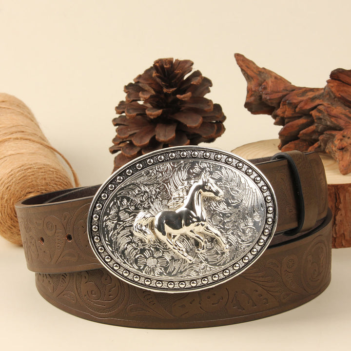 Men's Golden Horse Silver Oval Buckle Embossed Leather Belt - Silver Horse+Brown Belt - 38 - image 3