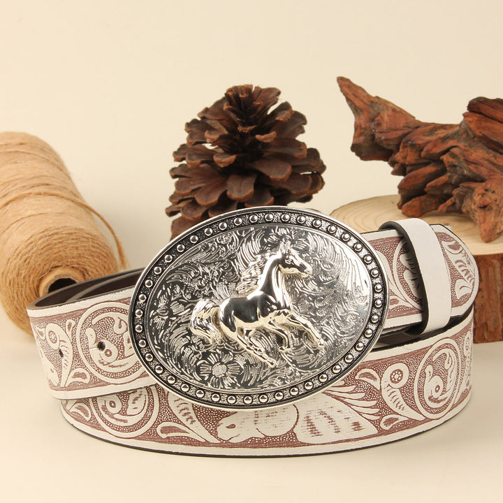 Men's Golden Horse Silver Oval Buckle Embossed Leather Belt - Silver Horse+White Belt - 38 - image 5