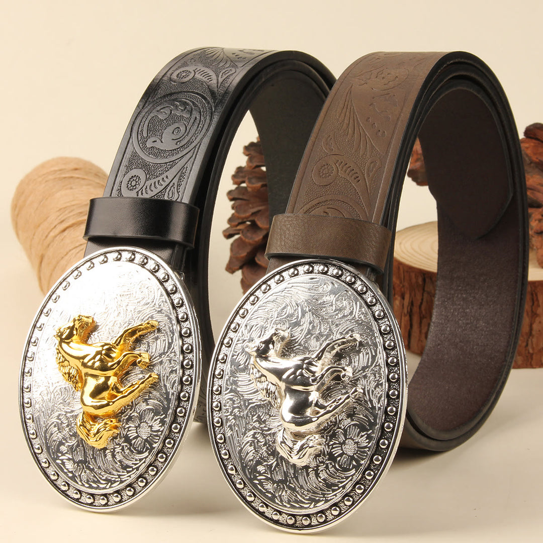 Men's Golden Horse Silver Oval Buckle Embossed Leather Belt - image 2