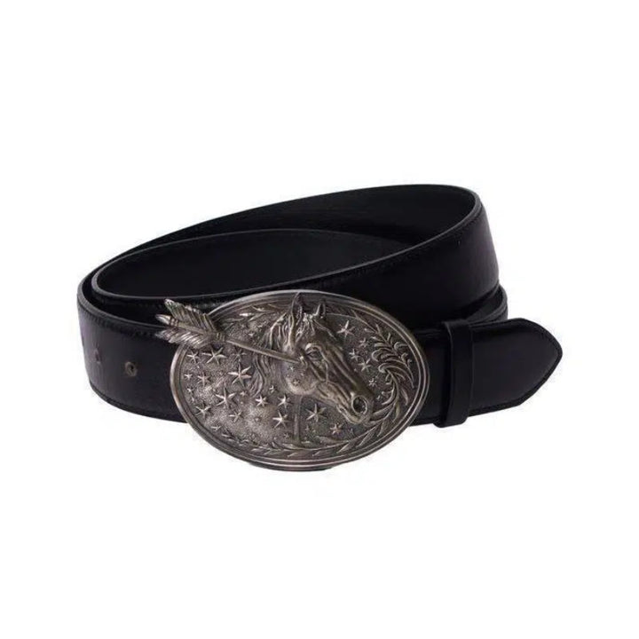 Men's Silver Horsehead Arrow Stars Buckle Black Leather Belt - Silver Horsehead - 34 - image 0