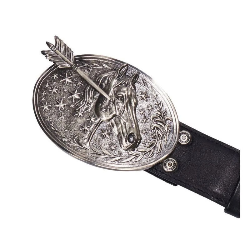 Men's Silver Horsehead Arrow Stars Buckle Black Leather Belt - image 1