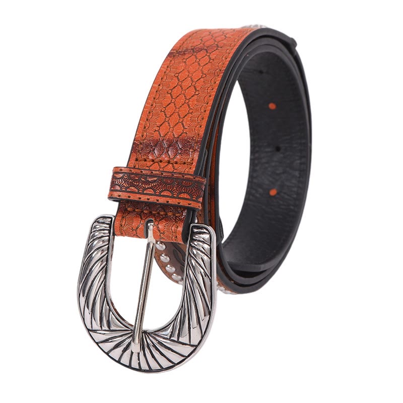 Women's Retro Silver Pattern Needle Buckle Serpentine Belt - Yellowish Brown - 38 - image 4