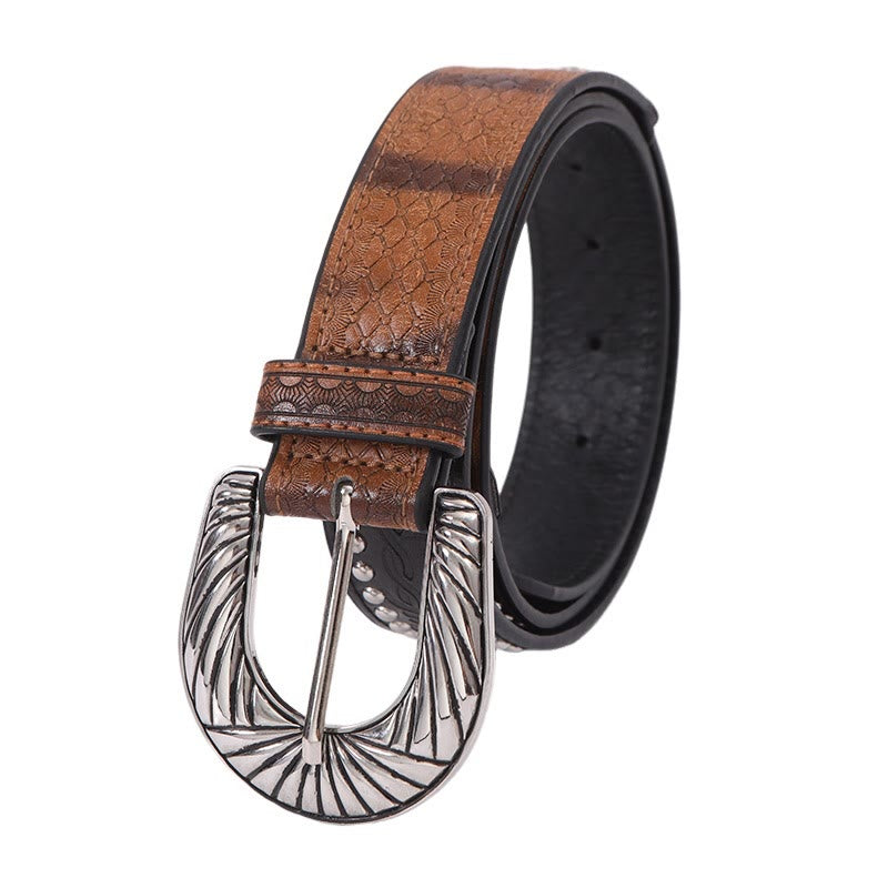 Women's Retro Silver Pattern Needle Buckle Serpentine Belt - Light Coffee - 38 - image 3