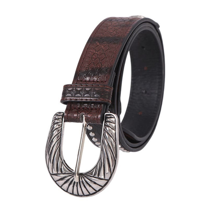 Women's Retro Silver Pattern Needle Buckle Serpentine Belt - Coffee - 38 - image 2