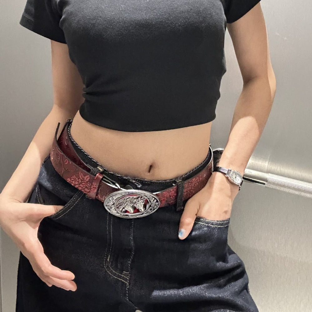 Women's Black And Red Double Horsehead Buckle Floral Belt - image 1