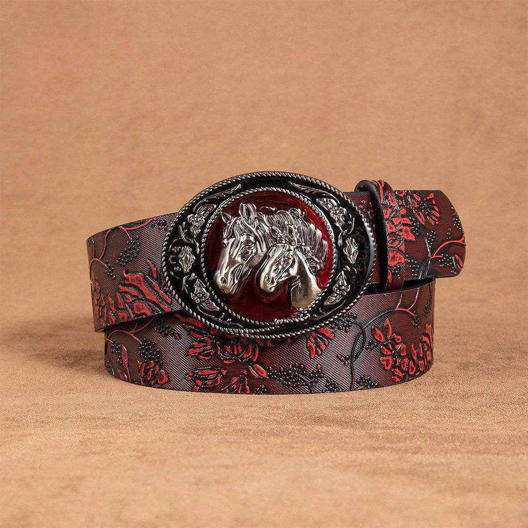 Women's Black And Red Double Horsehead Buckle Floral Belt - image 2